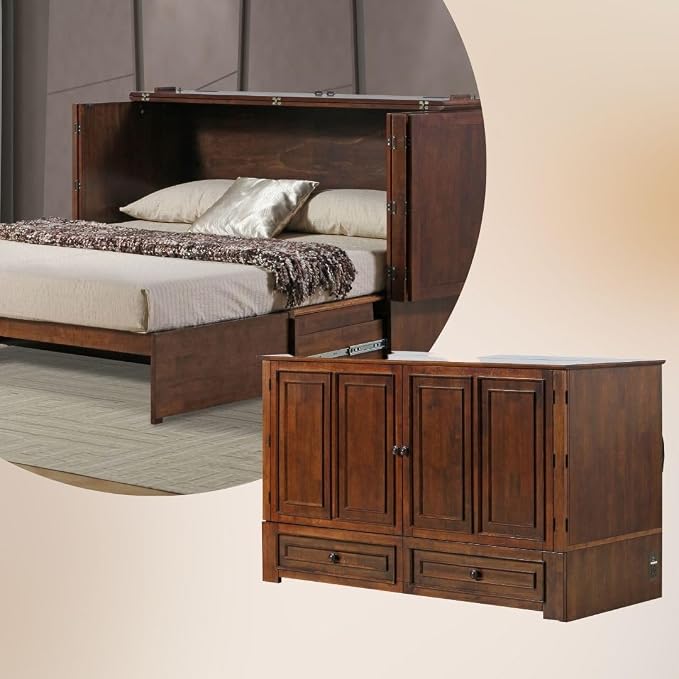 Mega Solutions Emurphybed Paradiseo Murphy Cabinet Chest Bed with Charging Station 8 Inch, Queen (Tobacco)