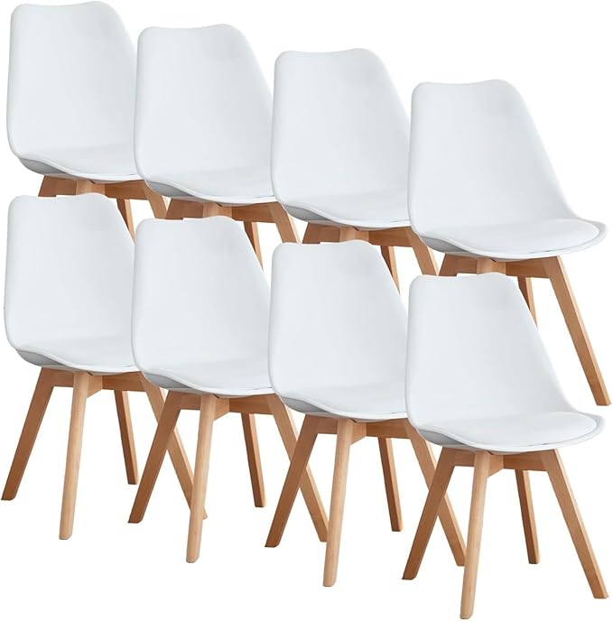 OLIXIS Dining Chairs Set of 8, Mid Century Modern Accent Chairs with Curved Backrest and Wood Legs, PU Leather Upholstered Kitchen Side Chair for Living Room, Bedroom, Outdoor Patio, White