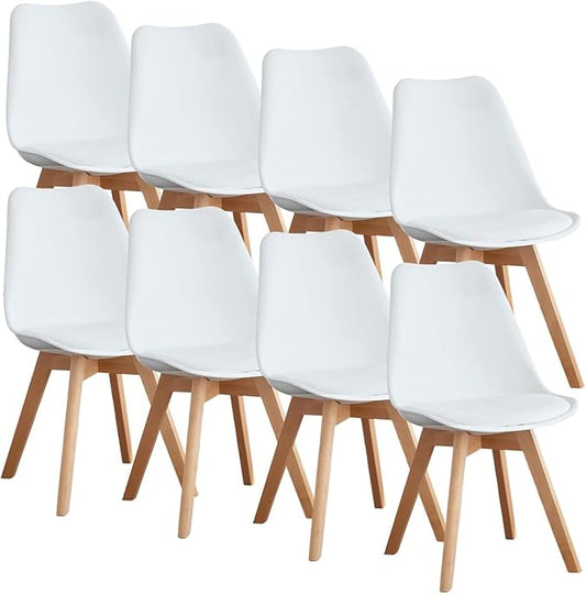 OLIXIS Dining Chairs Set of 8, Mid Century Modern Accent Chairs with Curved Backrest and Wood Legs, PU Leather Upholstered Kitchen Side Chair for Living Room, Bedroom, Outdoor Patio, White
