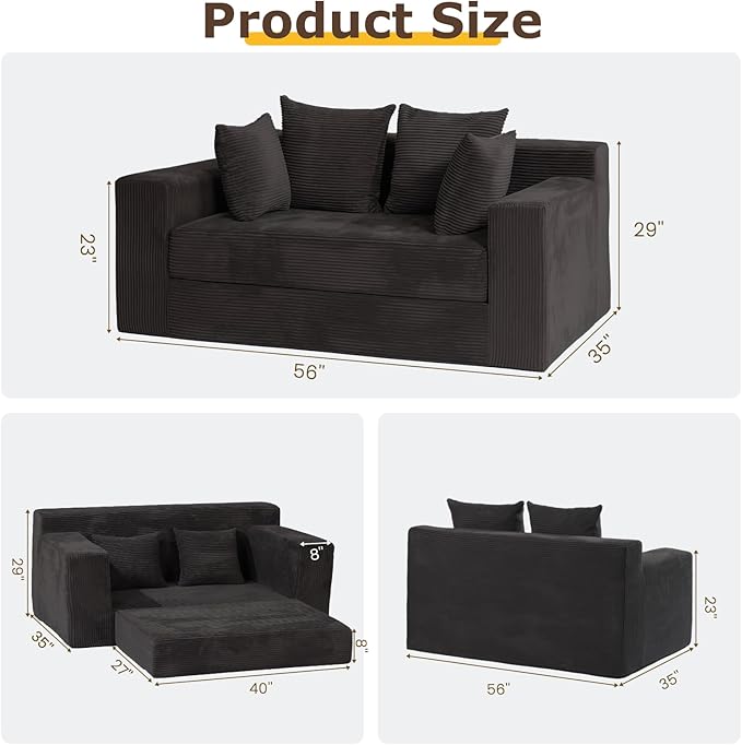 cidludto Convertible Sofa Bed, Boneless Loveseat Folding Couch Bed Foldable - 3 in 1 Small Ccouch & Futon Sofa Bed, Corduroy Pull Out Couch with 4 Pillows for Living Room, Black