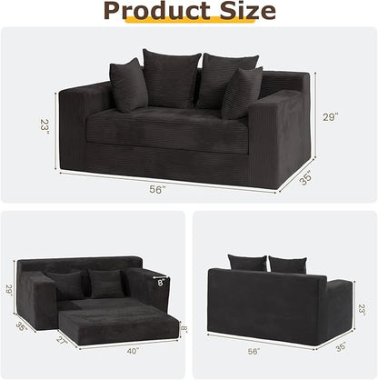 cidludto Convertible Sofa Bed, Boneless Loveseat Folding Couch Bed Foldable - 3 in 1 Small Ccouch & Futon Sofa Bed, Corduroy Pull Out Couch with 4 Pillows for Living Room, Black