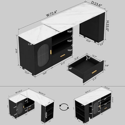 HSH Kitchen Island with Storage, Mobile Kitchen Island Cart with Cabinet, Drawer & Shelves, Farmhouse Island Table on Wheels with White Faux Marble Top and Black Oak Base for Dining Room & Home Bar