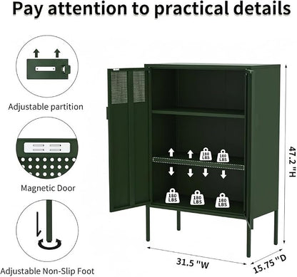 Metal Storage Locker Cabinet with 2 Doors & Adjustable Shelves, 47" Green Accent Furniture, Multipurpose Office Dresser or TV Stand for Home Entryway