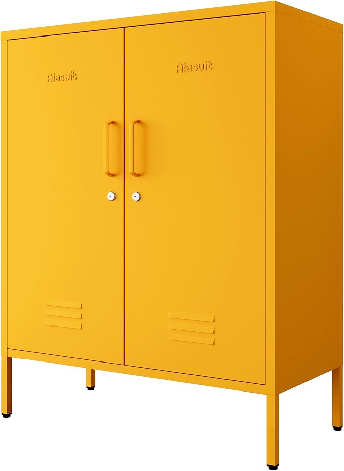 Yellow 3 Tier Metal Storage Cabinet with Legs, Lockable 2 Door Metal Locker, Heavy Duty Multipurpose Accent Storage Cabinet with 2 Adjustable Shelves for Home, Office, Entryway and Hallway