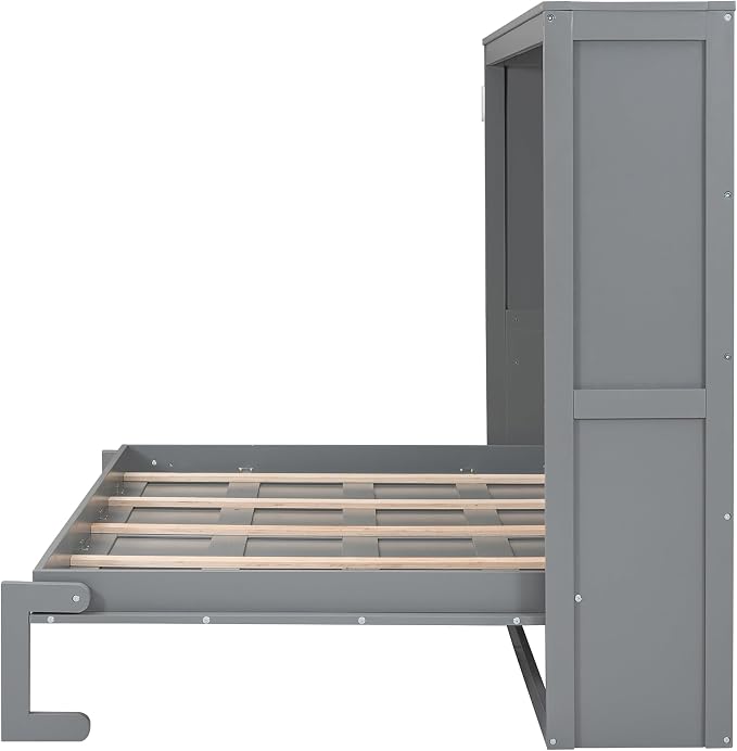 Merax Modern Farmhouse Solid Wood Murphy Bed Chest | Wall Bed with Wood Slat Support/ No Box Spring Needed/ Space Saving/ Queen,Gray