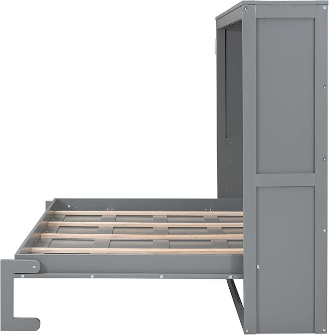 Ball & Cast Queen Size Murphy Bed,Hideaway Beds with Dual Piston Metal Folding Mechanism Designed,Wood Wall Cabinets Bedframe w/Slat Support and Storage Platform Top,Hardware Chain,for Apartment,Gray