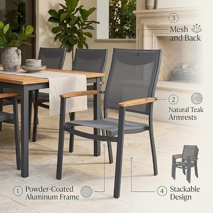 Amazonia Franklin 11-Piece Teak Finish Wood and Aluminum Rectangular Extendable Patio Dining Set | 100% Teak from Indonesia Armrests | Ideal for Outdoors and Indoors
