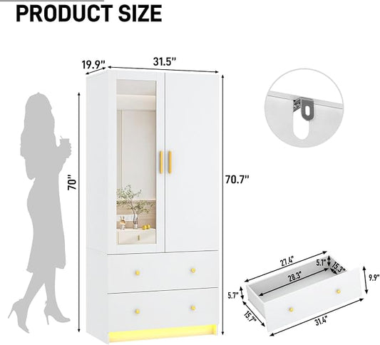 jiteentarou 2 Door Wardrobe Closet with Mirrors and LED Lights, Small Bedroom Armoire with Drawers, Modern Wooden Armoire Wardrobe Closet with Hanging Rod for Bedroom, White