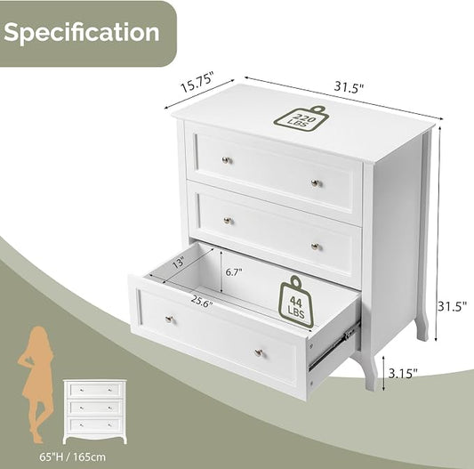 Bonnlo 31.5" W White Nightstand 3 Drawer Chest, Night Stand for Bedroom, Large Nightstand Wood Bedside Table with Drawers, 31.5" W*15.75" D*31.5" H