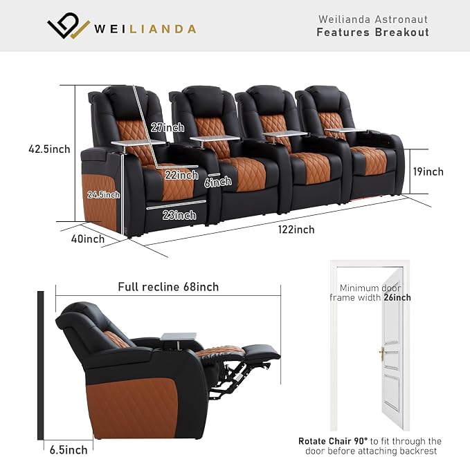 Weilianda Home Theater Seating Top Grain Leather Zero Gravity Recliner Chair Power Headrest Recline Movie Seat Gaming 7 Colors Mood Light Sofa with Tray Table Row of 4 Black Camel