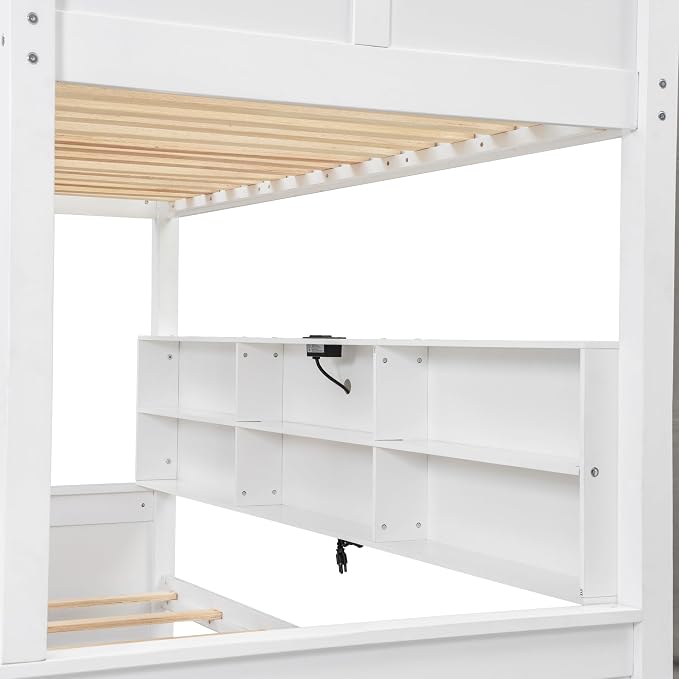 Wood Bunk Bed Twin XL Over Queen Size with Built-in Storage Cabinets and USB Ports, Versatile Bunk Bed Frame with Ladder and Guardrail for Kids Teens Adult, Maximize Space (White-T-Q)
