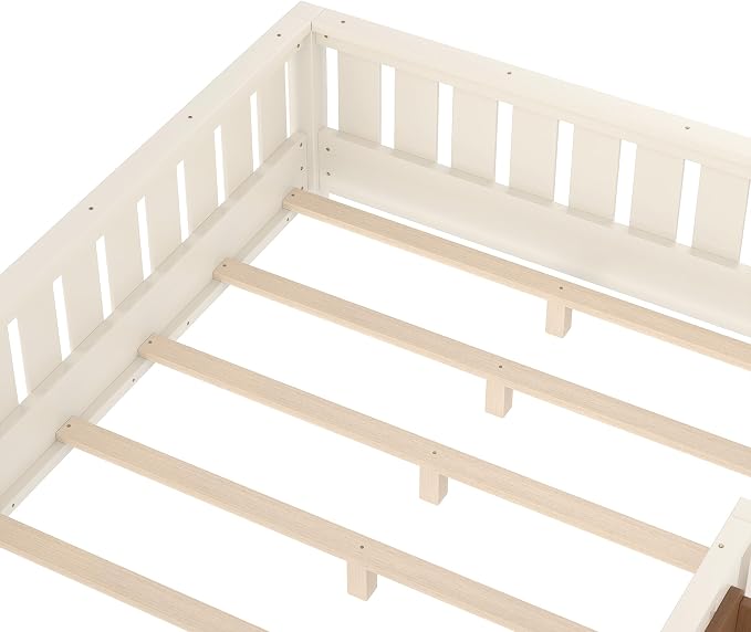 Bellemave Beige Montessori Floor Bed with Fence and Slats, Full Size Montessori Floor Bed with Bookcase and High Rails, Easy Assemble Bed Frame for Girls, Boys, Full