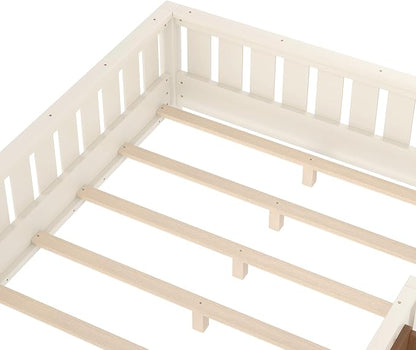Bellemave Beige Montessori Floor Bed with Fence and Slats, Full Size Montessori Floor Bed with Bookcase and High Rails, Easy Assemble Bed Frame for Girls, Boys, Full