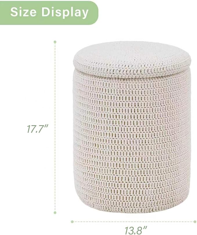 Wimarsbon Pouf Ottoman, 100% Cotton Knitted Boho Footstool, Round Footrest with Non-Skid Wood Legs, Home Décor Handmade Pouffe, Leisure Floor Step Stool for Living Room (14inch White Storage Ottoman)