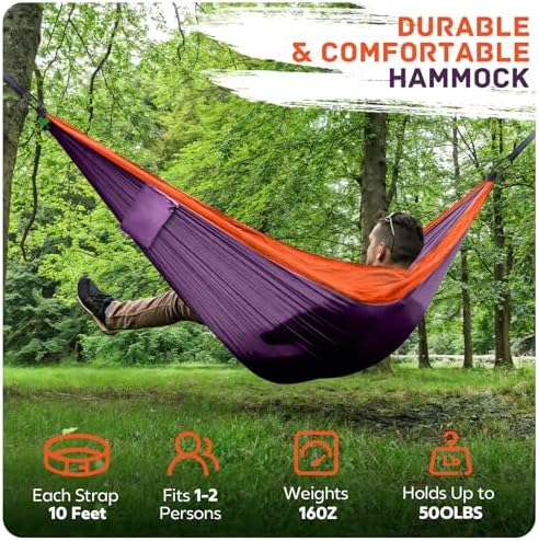 Camping Hammock Lightweight, Portable Hammocks Parachute Hammock with Two Tree Straps, Single or Double Travel Swing Nylon Camp Hammocks, Outdoor Essentials for Beach Backpacking Hiking, Orange
