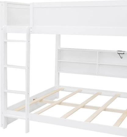 Queen Over Queen Bunk Bed with Built-in Shelves and USB Ports, Solid Wood Bunk Bed Frame with Safety Guardrail, for Kids Boys Girls Bedroom, No Box Spring Needed (White)