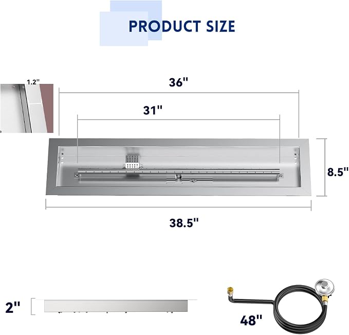 Skyflame 36" Linear Stainless Steel Fire Pit Drop-in Burner Kit with Flame Sensing, Electronic Spark Ignition,and Propane Regulator Connector Hose Set for Propane Tank
