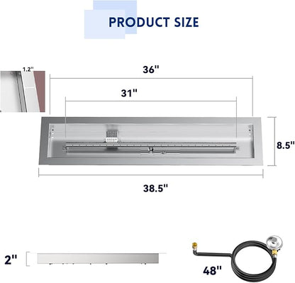 Skyflame 36" Linear Stainless Steel Fire Pit Drop-in Burner Kit with Flame Sensing, Electronic Spark Ignition,and Propane Regulator Connector Hose Set for Propane Tank