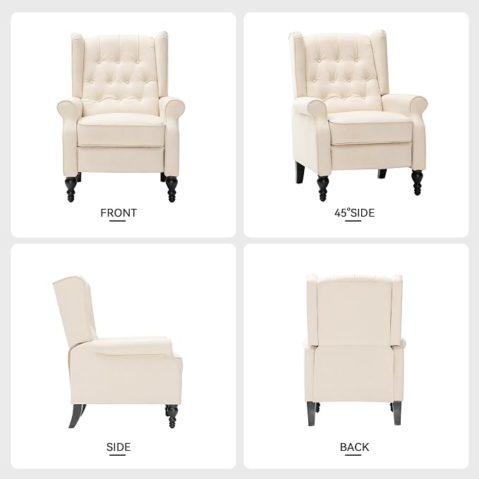 Mid Century Wingback Recliner Chair for Adults, Modern Linen Fabric Push Back Recliner Chairs with Button Tufted Upholstered Back & Footrest, Manual Recliner Chais for Living Room, Nursery, Beige