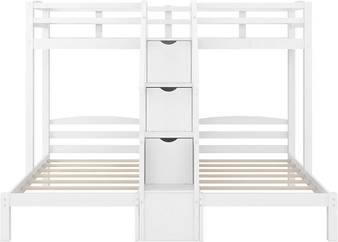 VilroCaz Twin Size Triple Bunk Bed with Built-in Staircase and Storage Drawer, Solid Wood Bunk Bed Frame with Safety Full-Length Guardrail for 3, Bedroom Guest Room Home Furniture