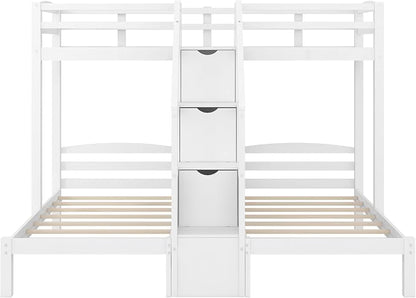 VilroCaz Twin Size Triple Bunk Bed with Built-in Staircase and Storage Drawer, Solid Wood Bunk Bed Frame with Safety Full-Length Guardrail for 3, Bedroom Guest Room Home Furniture