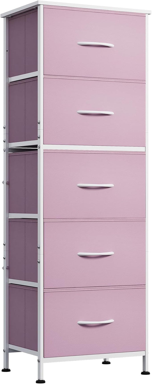 WLIVE Fabric Dresser for Bedroom, 5-Drawer Tall Dressers, Storage Organizer with Fabric Bins, Wood Top, Sturdy Steel Frame, Chest of Drawers for Closet, Hallway, Cloudy Pink