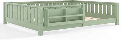 Bellemave Queen Size Floor Bed with Slats and Safety Guardrail, Queen Size Montessori Floor Bed with Fence and Built-in Bookshelf, Easy Assemble Montessori Beds for Girls, Boys, Avocado Green