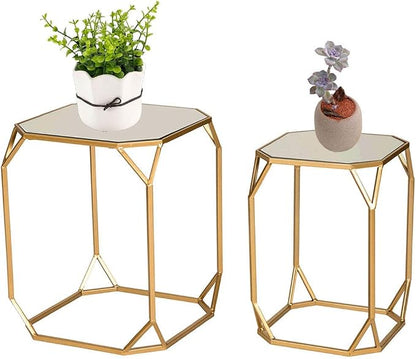 Glitzhome Modern Nesting Tables, Set of 2 Coffee Table with Tempered Glass Top, Side/End Tables for Living Room Bedroom, Accent Tea Tables with Metal Frame - Golden