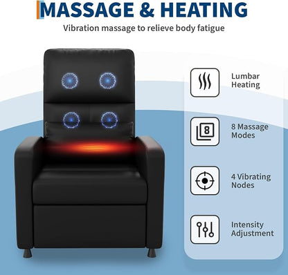 GarveeHome Power Recliner Chair with Massage and Heat, Adjustable Electric Recliner Ergonomic Overstuffed PU Leather Single Sofa, 2 Side Pockets and USB Port, Home Theater Seating for Living Room