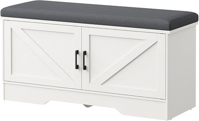 DUMOS 39 Inch Storage Bench, Shoe Organizer Cabinet with Thickened Padded Seat Cushion, Entryway Bench with 2 Doors & Adjustable Shelf for Hallway, Bedroom, Living Room, White