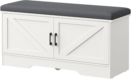 DUMOS 39 Inch Storage Bench, Shoe Organizer Cabinet with Thickened Padded Seat Cushion, Entryway Bench with 2 Doors & Adjustable Shelf for Hallway, Bedroom, Living Room, White