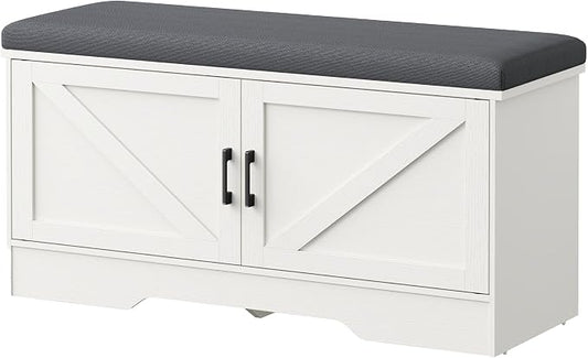 DUMOS 39 Inch Storage Bench, Shoe Organizer Cabinet with Thickened Padded Seat Cushion, Entryway Bench with 2 Doors & Adjustable Shelf for Hallway, Bedroom, Living Room, White