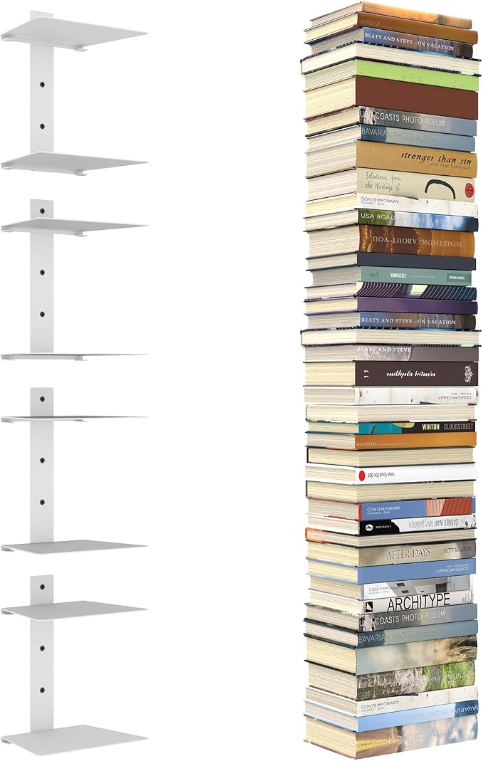 Mefirt Invisible Floating Bookshelves for Wall, 8 Tier Vertical Spine Book Tower, Heavy Duty Floating Book Shelves Metal Book Organizers for Home Office, 4 Pack(White)