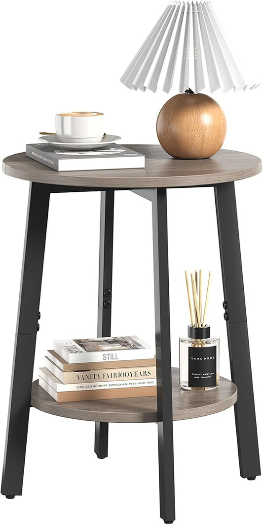 sthmec Side Table, Small Round End Table with Storage Shelf for Small Space, 2-Tier Bedside Table Sofa Couch Table, Round Accent Table Nighstands for Living Room, Bedroom, Grey