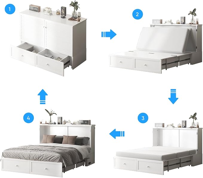 PUREMIND Queen Murphy Bed, Murphy Cabinet Bed with Storage Drawer, USB Charging Station and Bedside Panel, Space Saving Murphys Chest Beds Wallbed for Guest Room, No Mattress