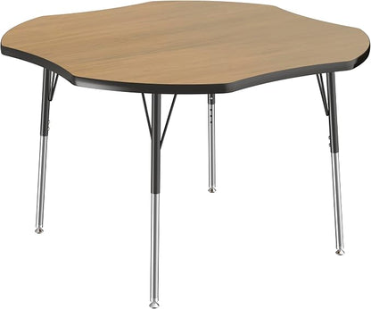 FDP Clover (48 x 48 inch) Collaborative Classroom Table with Adjustable Standard Swivel Glide Legs (19-30 in) School and Office Furniture - Pasadena Oak Top/Black Edge and Legs