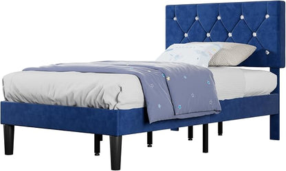 VECELO Twin Size Bed Frame, Upholstered Platform with Adjustable Diamond Tufted Headboard, Wood Slat Support, No Box Spring Needed, Navy Blue