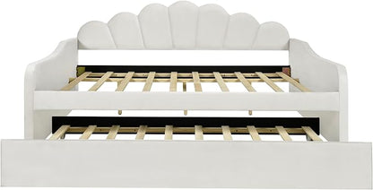 Ball & Cast Full Size Daybed with Trundle,Velvet Upholstered Day Bed Frame Full with Shall Shaped Backrest and Wood Slat Support,No Box Spring Needed,White