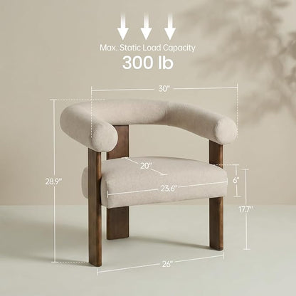 VKNOW Accent Chair, Vanity Chair with Armrests and Walnut Legs, Khaki | Mohair-type Fabric, Barrel Back, Armrests, For Adults and Family, Living Room, Bedroom, Vanity, No Wobble, Easy Assembly