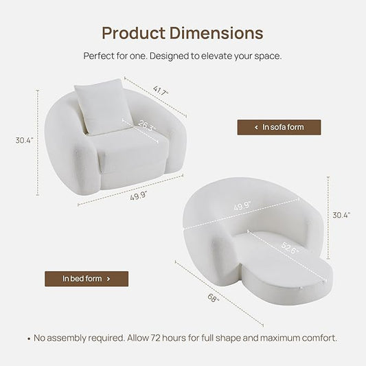 SICOTAS Curved Sofa Couch Bed for Living Room Convertible Futon Cloud Boneless Sleeper Chair Pull Out Floor Couch with Deep Seat Sofa Set Foam No Assembly Required for Bedroom Apartment Office, White