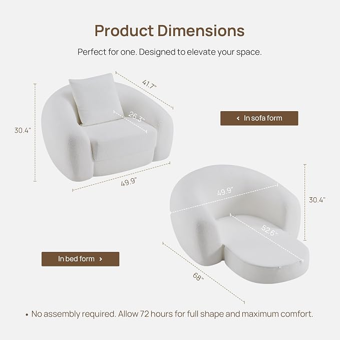 SICOTAS 49.9" Curved Convertible Sofa Couch Bed for Living Room Futon Cloud Boneless Sleeper Chair Pull Out Floor Couch with Deep Seat Single Sofa Foam Lounger No Assembly for Bedroom Apartment, White