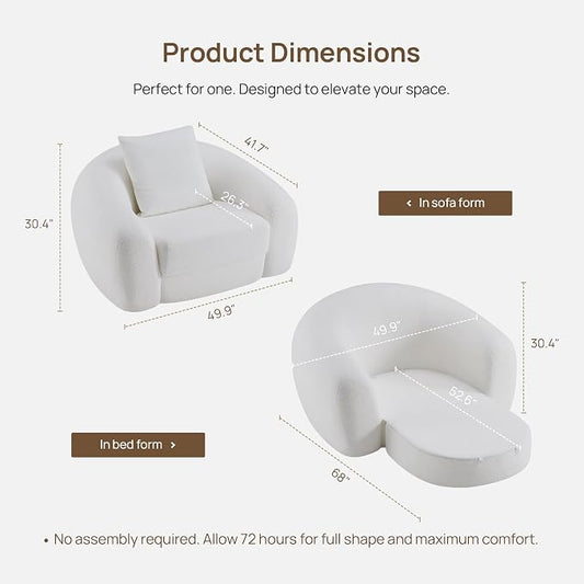 SICOTAS 49.9" Curved Convertible Sofa Couch Bed for Living Room Futon Cloud Boneless Sleeper Chair Pull Out Floor Couch with Deep Seat Single Sofa Foam Lounger No Assembly for Bedroom Apartment, White