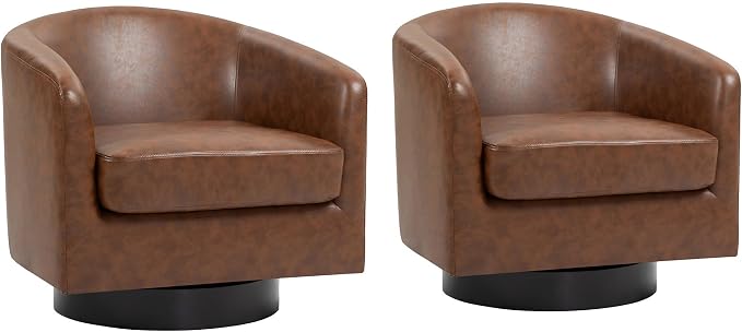 Faux Leather Swivel Barrel Accent Chairs Set of 2, Comfy Club Chair Upholstered Round Armchair for Lving Room, Coffee