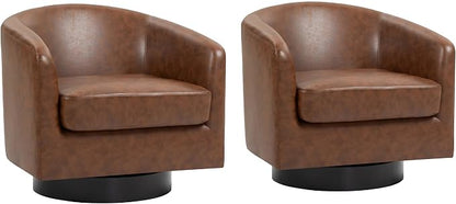 Faux Leather Swivel Barrel Accent Chairs Set of 2, Comfy Club Chair Upholstered Round Armchair for Lving Room, Coffee