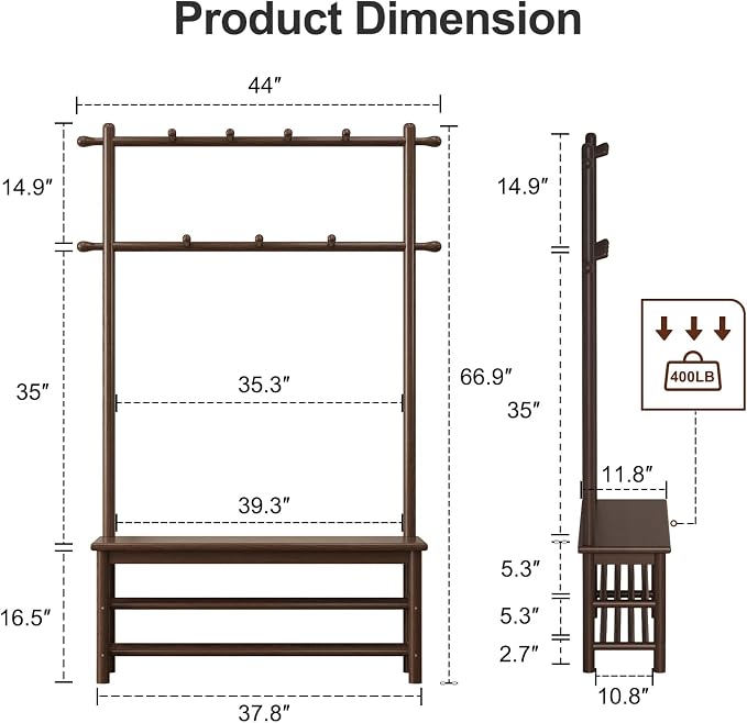 AQIMUELE Hall Tree, Coat Rack with Shoe Storage, Wooden Hall Tree with Bench, 11 Hooks and 2-Tier Storage Shelves, Entryway Bench with Coat Rack (39.3" - Deep Walnut)