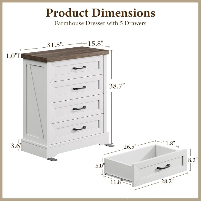 AODK White Farmhouse 4 Drawer Dresser for Bedroom, 39" Tall Engineered Wooden Chest of Drawers with Metal Handle, Modern Storage Cabinet and Organizers for Closet, Living Room, Entryway, Walnut Top