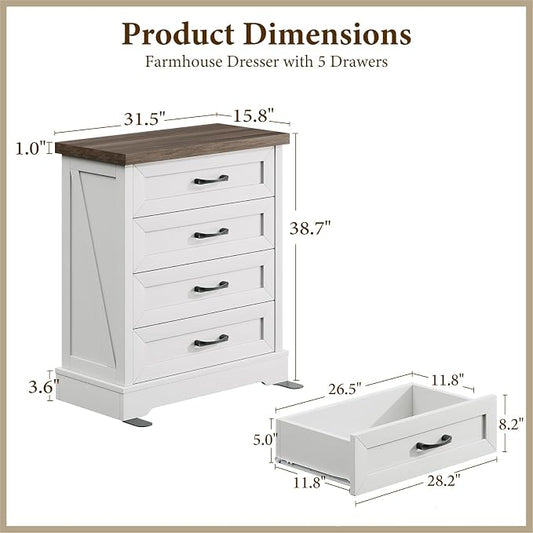 AODK White Farmhouse 4 Drawer Dresser for Bedroom, 39" Tall Engineered Wooden Chest of Drawers with Metal Handle, Modern Storage Cabinet and Organizers for Closet, Living Room, Entryway, Walnut Top