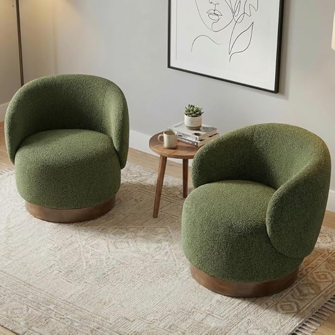 KISLOT Swivel Accent Chair Round Barrel Armchair Upholstered Performance Fabric for Living Room Bedroom Waitingroom,2 Box,Moss Green