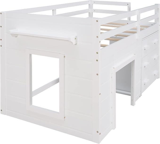 Bellemave Twin Size Low loft Bed for Kids,Wood Modern Farmhouse Twin Loft Bed with and Drawer Storage, No Box Spring Needed, White