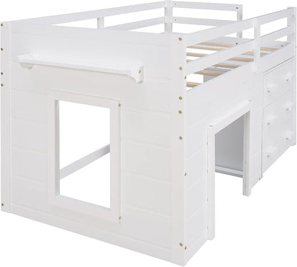 Bellemave Twin Size Low loft Bed for Kids,Wood Modern Farmhouse Twin Loft Bed with and Drawer Storage, No Box Spring Needed, White